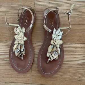 Coach metallic floral t-strap sandals